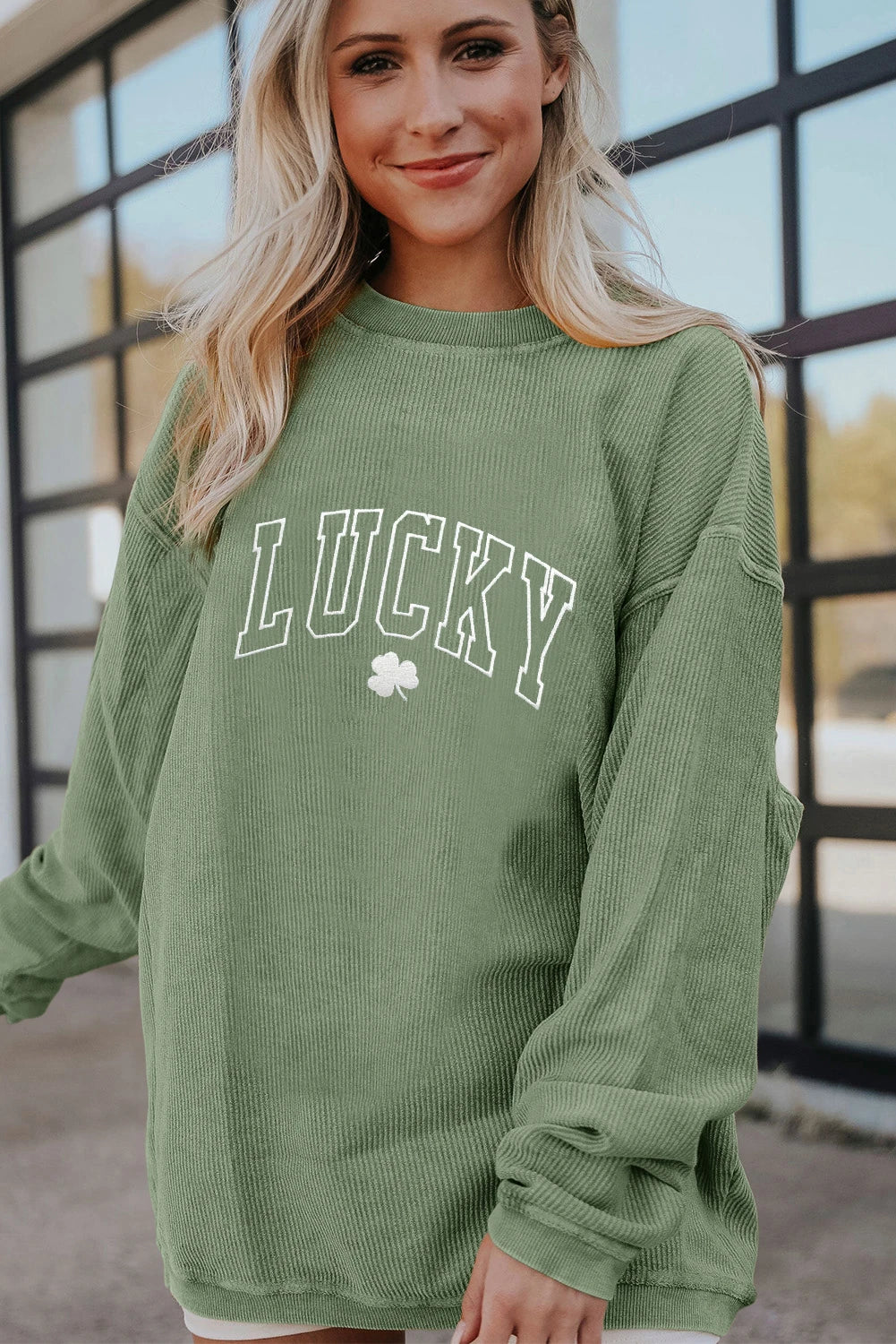 Grass Green LUCKY Clover Drop Shoulder Ribbed St Patrick Sweatshirt