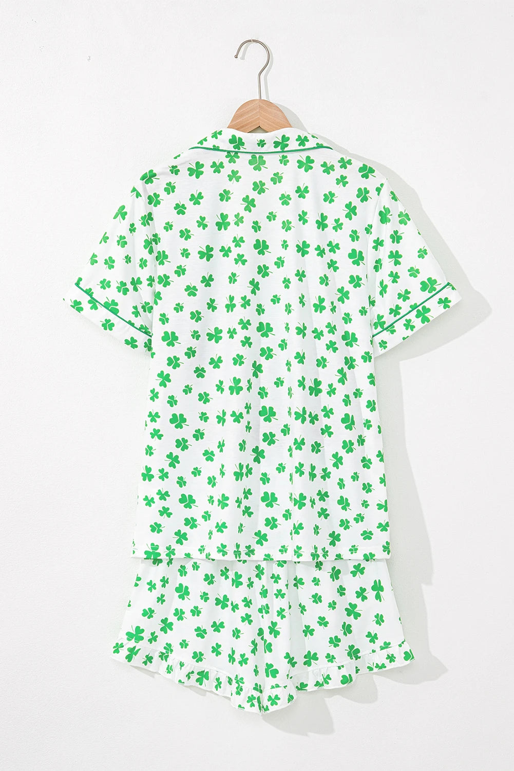 Green St Patrick's Day Clover Print Shirt and Ruffle Hem Shorts Pajama Set