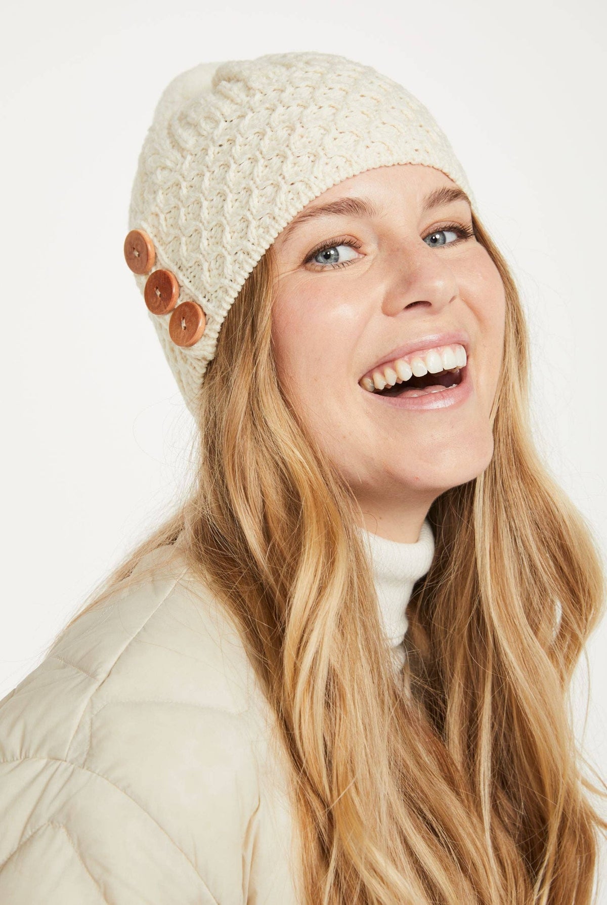 Shrule Merino Aran Hat with Pom Pom - Cream