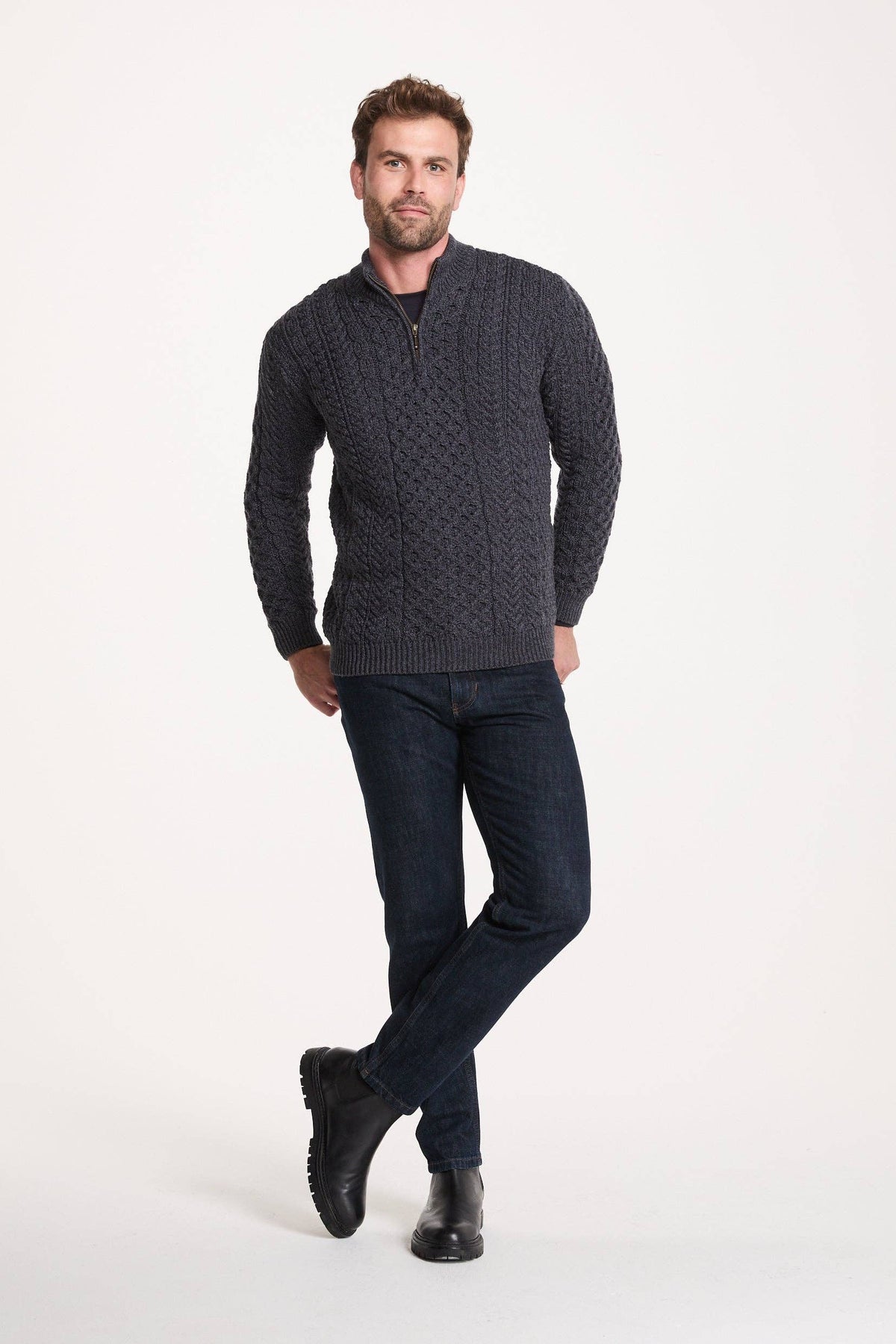 Ballycroy Mens Merino Aran Half Zip Sweater - Grey