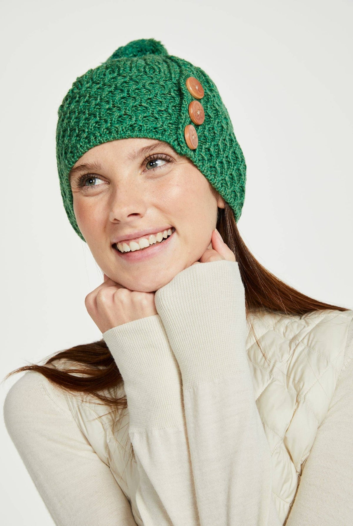 Shrule Merino Aran Hat with Pom Pom - Green