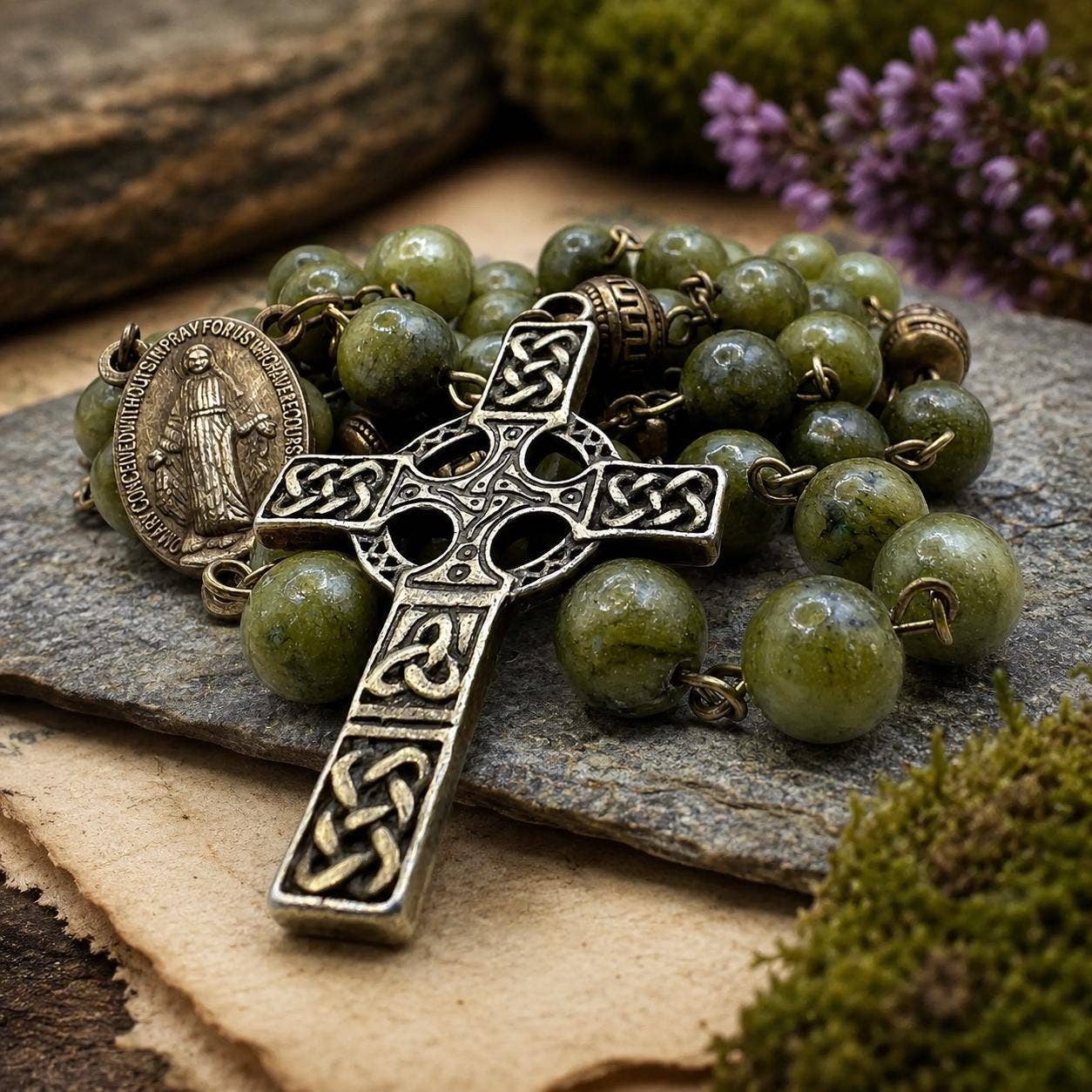 Green Jade Celtic Cross Catholic Rosary