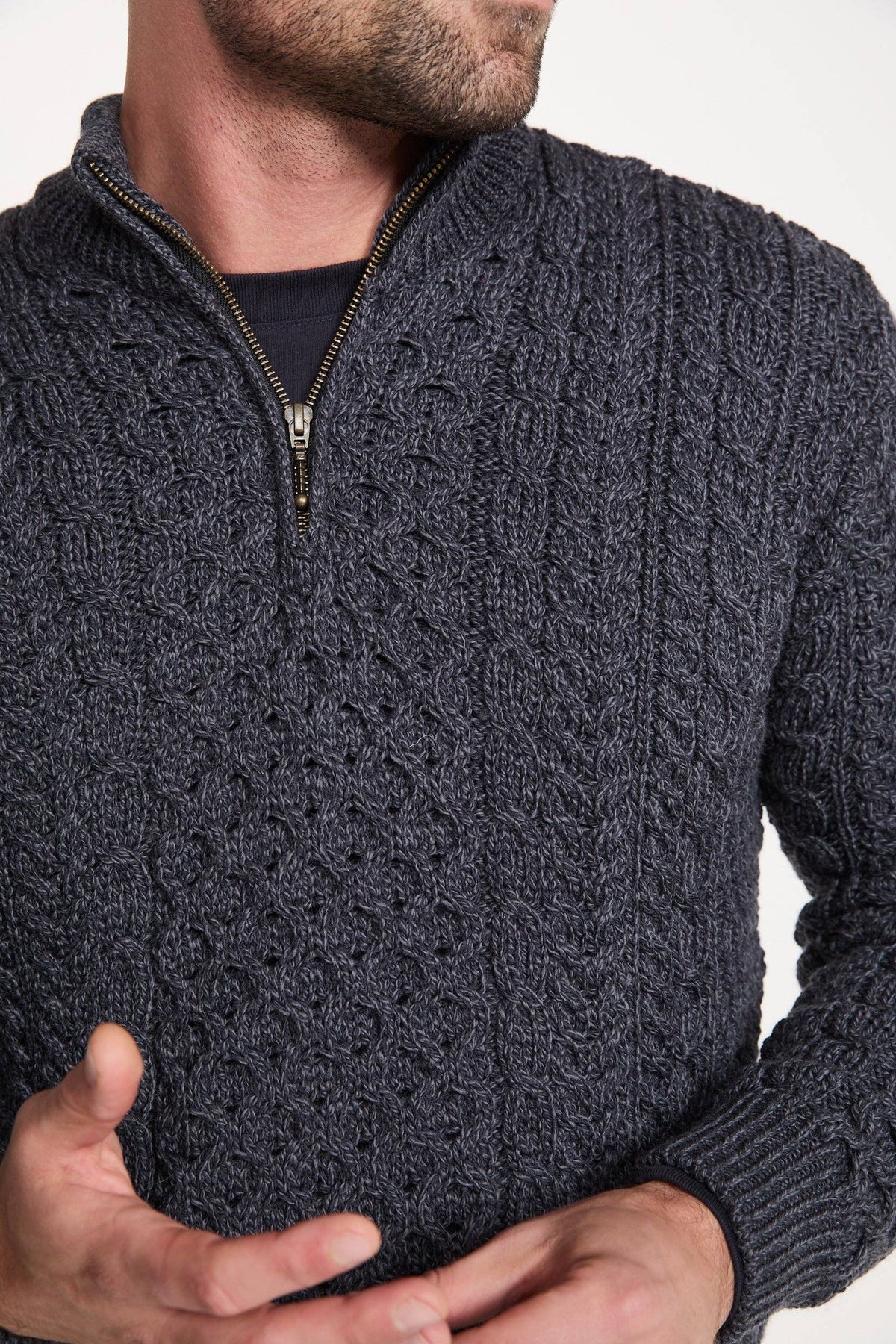 Ballycroy Mens Merino Aran Half Zip Sweater - Grey