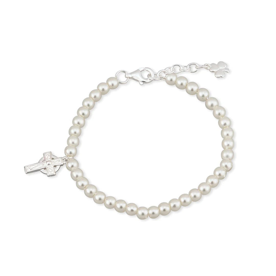 Little Tara Rhodium Plated Celtic Cross Pearl Bracelet