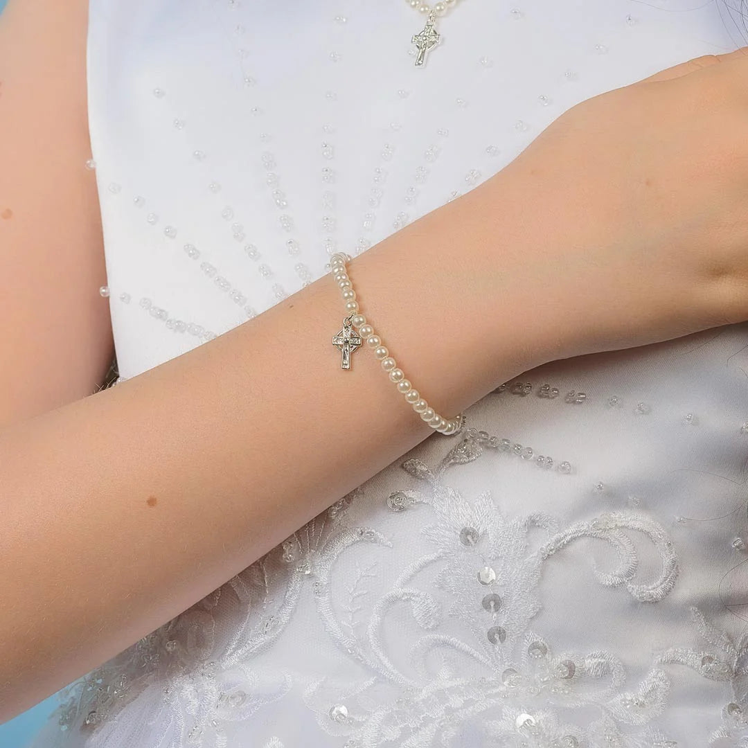 Little Tara Rhodium Plated Celtic Cross Pearl Bracelet