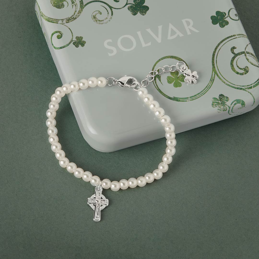 Little Tara Rhodium Plated Celtic Cross Pearl Bracelet