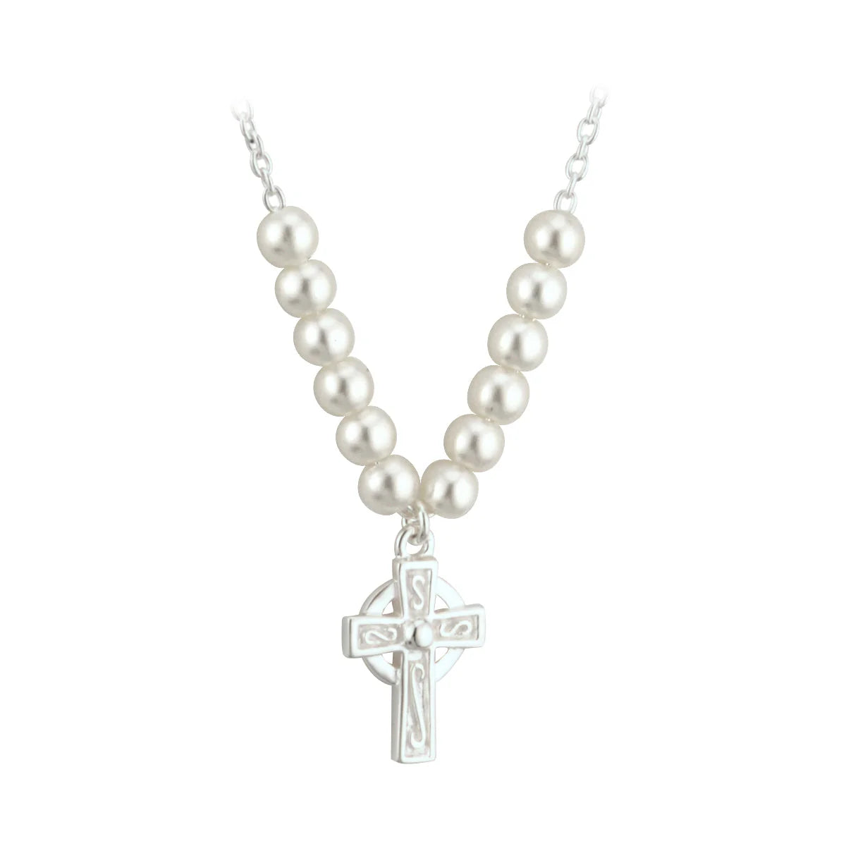 Little Tara Communion Rhodium Plated Pearl Cross Necklet