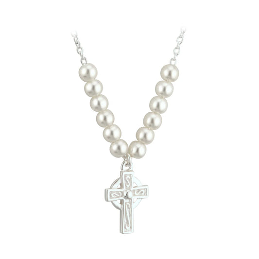 Little Tara Communion Rhodium Plated Pearl Cross Necklet