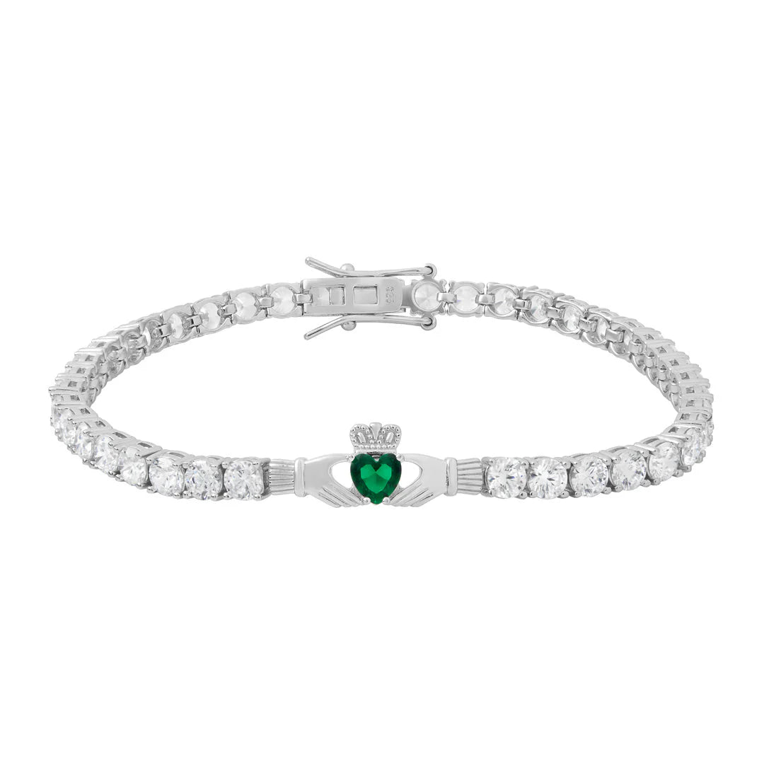 Solvar Silver Green CZ Heart Claddagh Tennis Bracelet