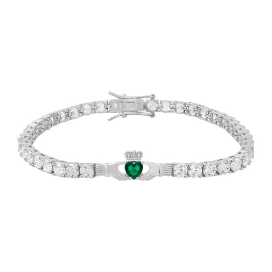 Solvar Silver Green CZ Heart Claddagh Tennis Bracelet