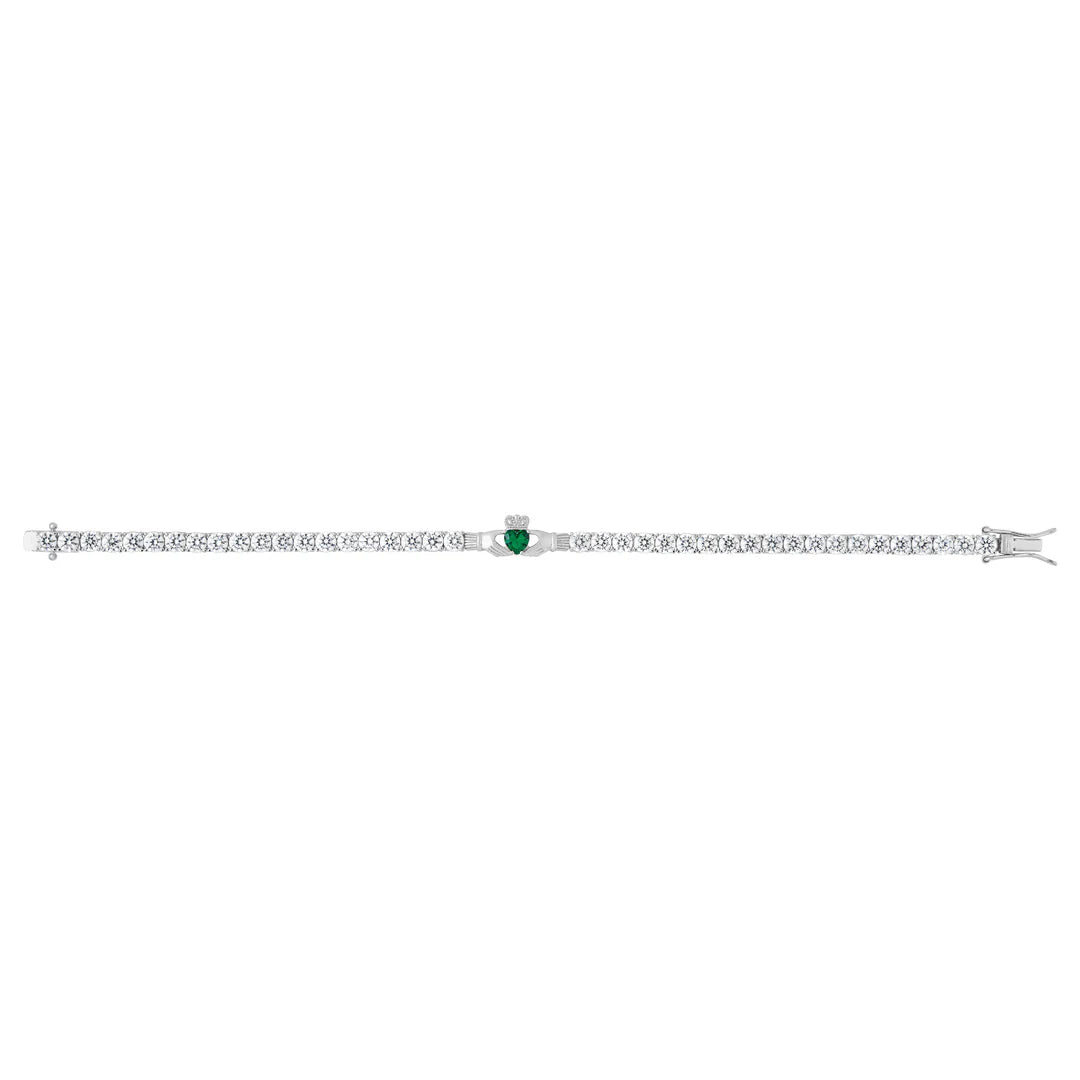 Solvar Silver Green CZ Heart Claddagh Tennis Bracelet