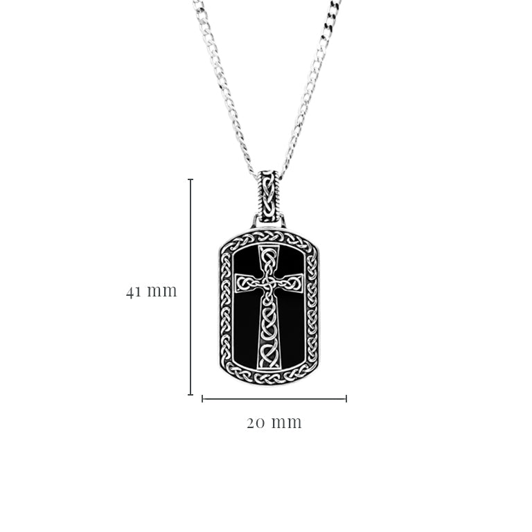 Gents Collection-Large Sterling Silver Men’s Onyx Celtic Cross Dog Tag Necklace