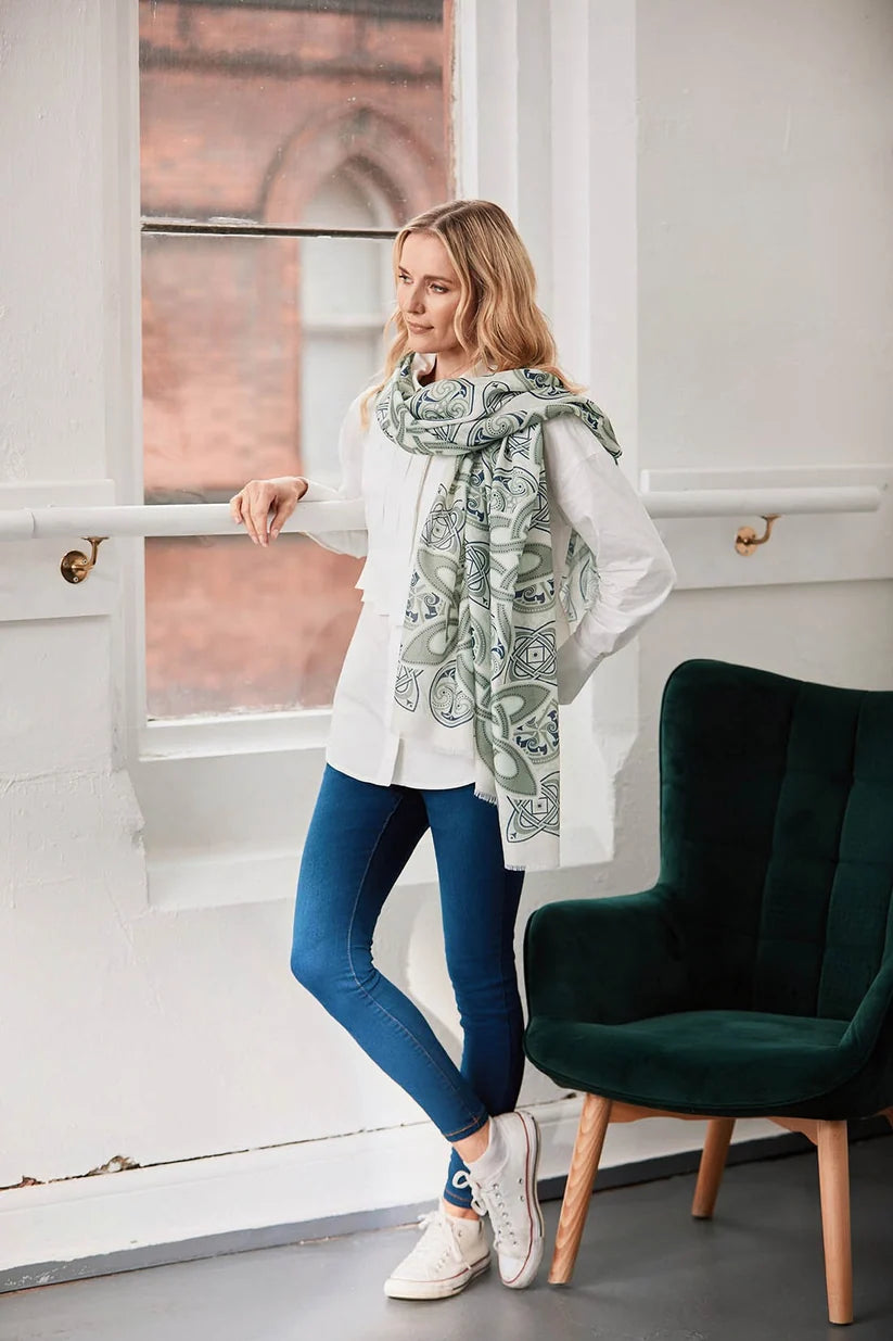 Patrick Francis Celtic Knot Fashion Scarf in Cream & Green