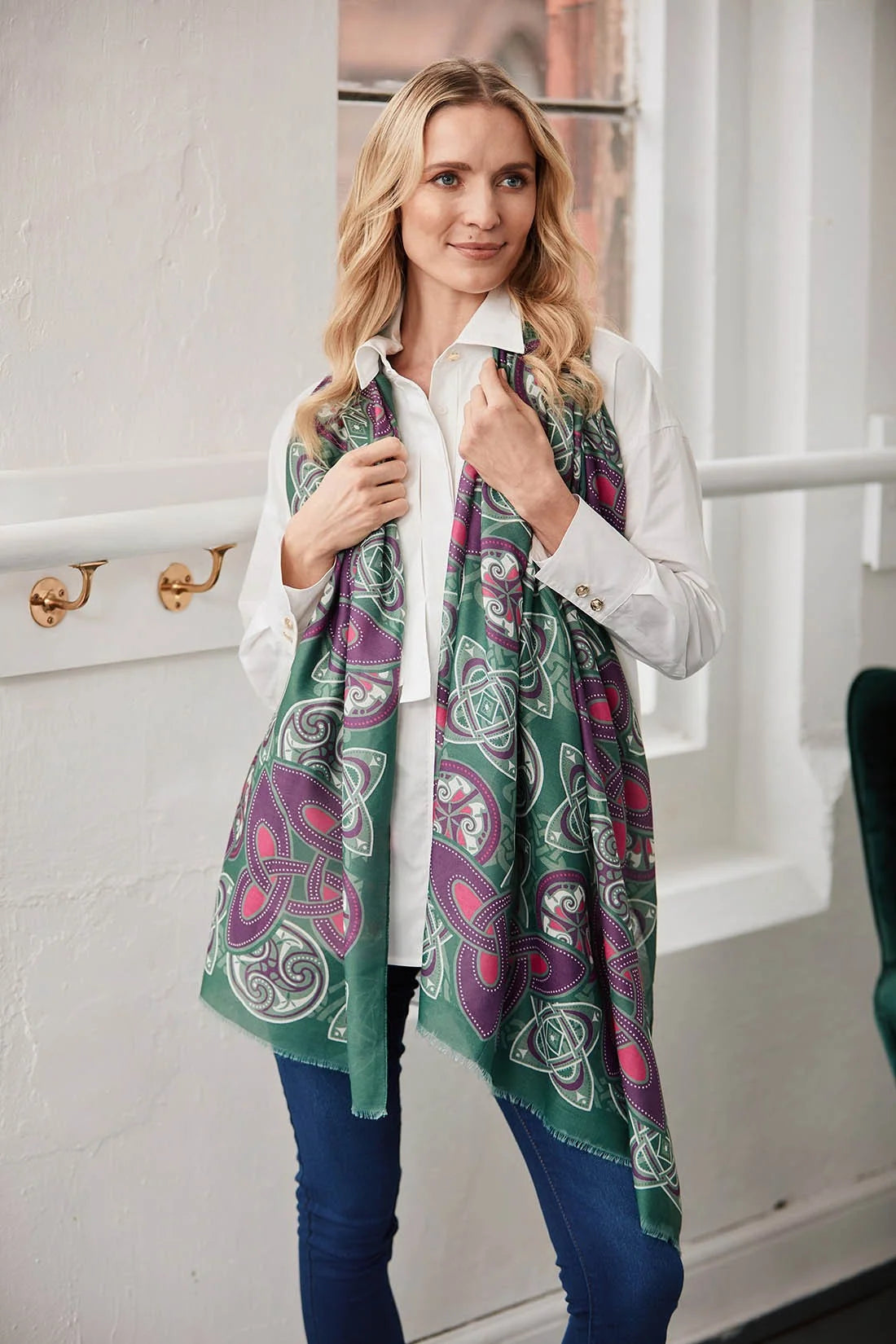 Patrick Francis Celtic Knot Fashion Scarf in Bottle Green & Purple