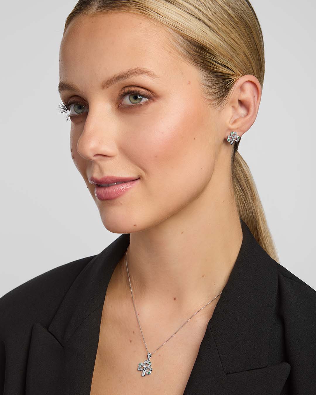 Solvar Silver Synthetic Emerald Shamrock Stud Earrings