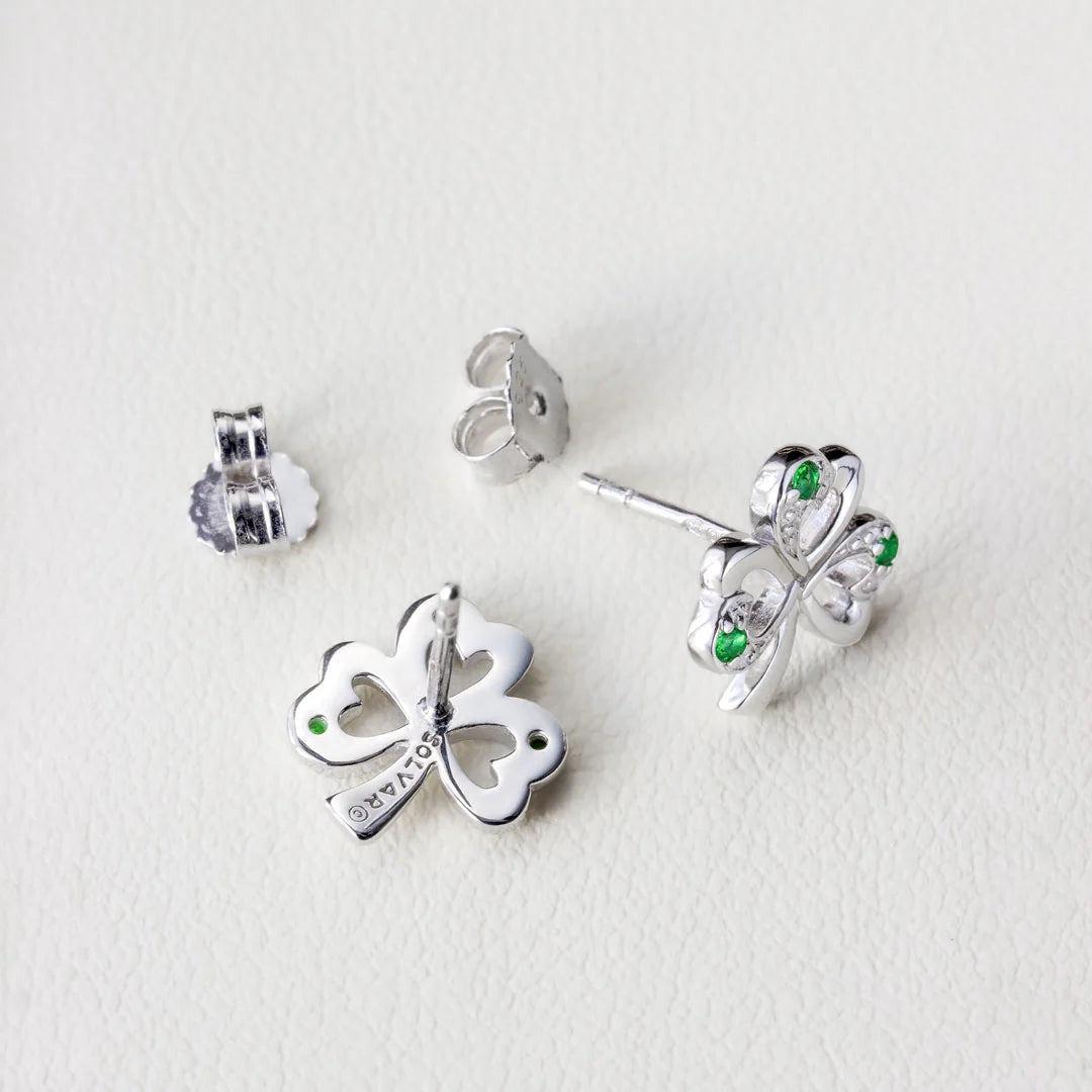 Solvar Silver Synthetic Emerald Shamrock Stud Earrings