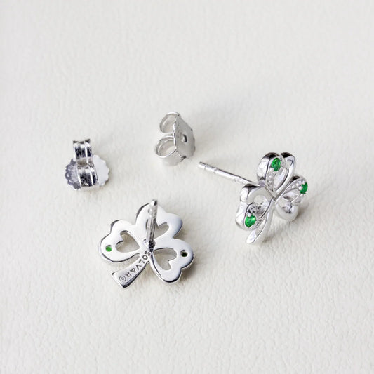 Solvar Silver Synthetic Emerald Shamrock Stud Earrings
