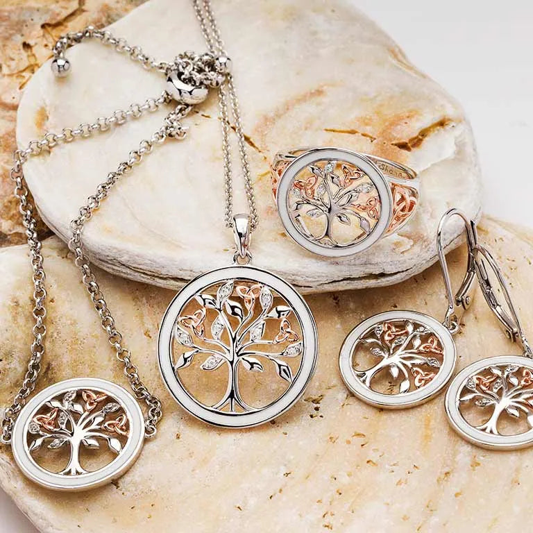 Sterling Silver Celtic Tree of Life Bracelet with Enamel, Cubic Zirconia and Rose Gold Detail