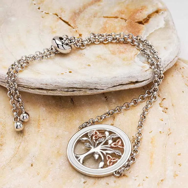 Sterling Silver Celtic Tree of Life Bracelet with Enamel, Cubic Zirconia and Rose Gold Detail