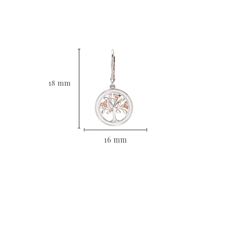 Sterling Silver Celtic Tree of Life Earrings with Enamel, Cubic Zirconia and Rose Gold Detail