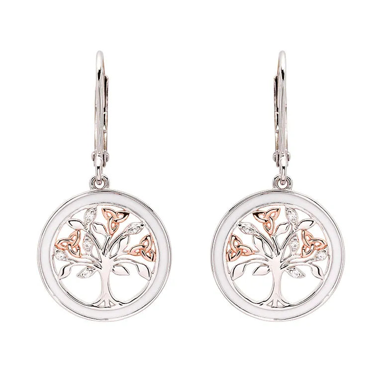 Sterling Silver Celtic Tree of Life Earrings with Enamel, Cubic Zirconia and Rose Gold Detail