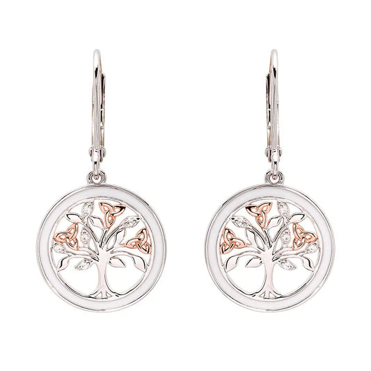 Sterling Silver Celtic Tree of Life Earrings with Enamel, Cubic Zirconia and Rose Gold Detail