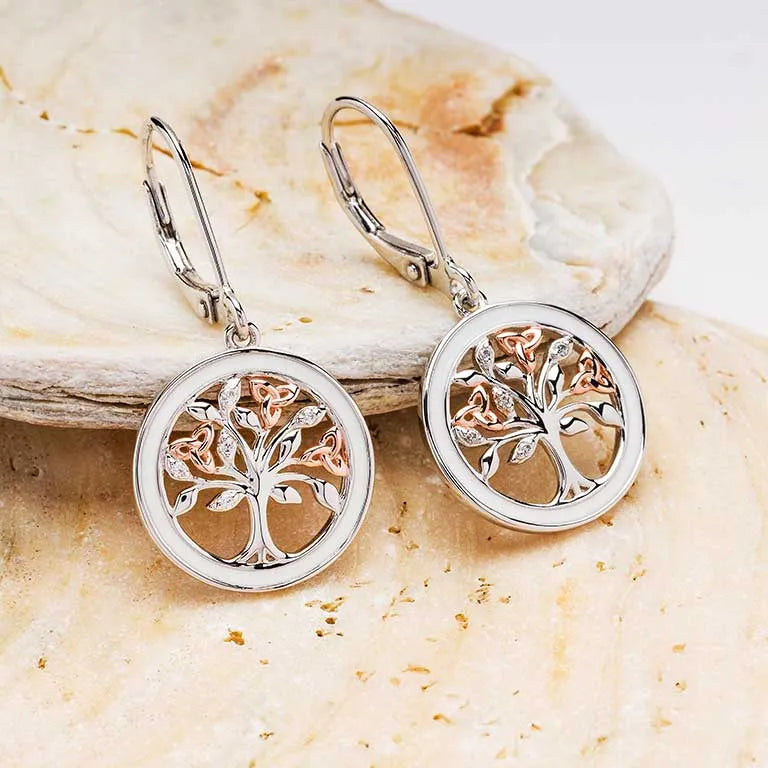 Sterling Silver Celtic Tree of Life Earrings with Enamel, Cubic Zirconia and Rose Gold Detail
