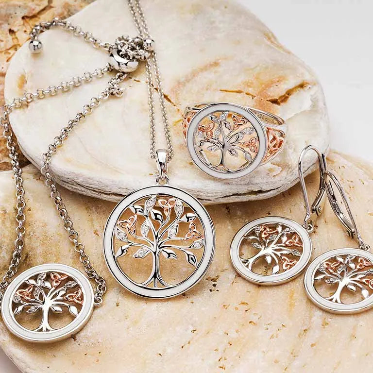 Sterling Silver Celtic Tree of Life Earrings with Enamel, Cubic Zirconia and Rose Gold Detail