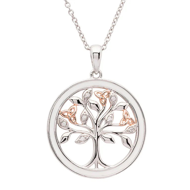 Sterling Silver Celtic Tree of Life Necklace with Enamel, Cubic Zirconia and Rose Gold Detail