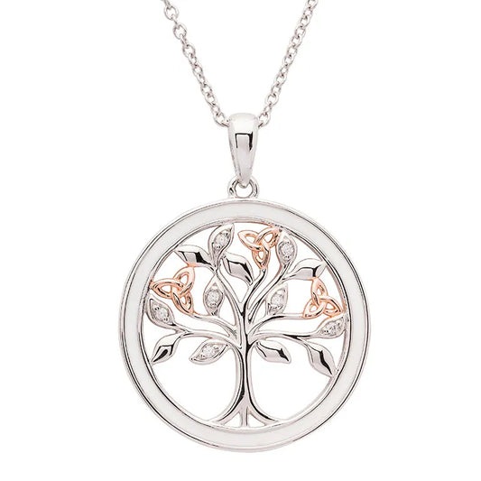 Sterling Silver Celtic Tree of Life Necklace with Enamel, Cubic Zirconia and Rose Gold Detail