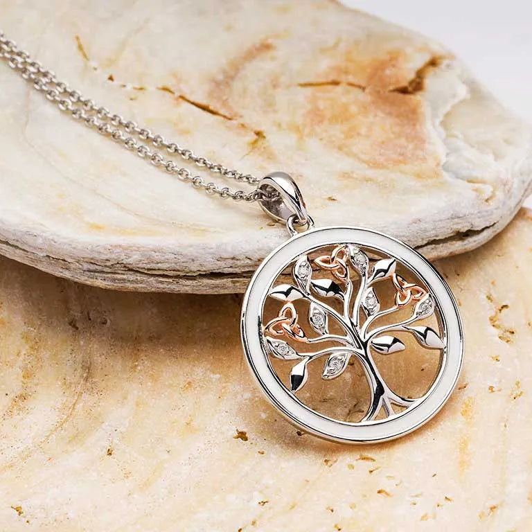 Sterling Silver Celtic Tree of Life Necklace with Enamel, Cubic Zirconia and Rose Gold Detail