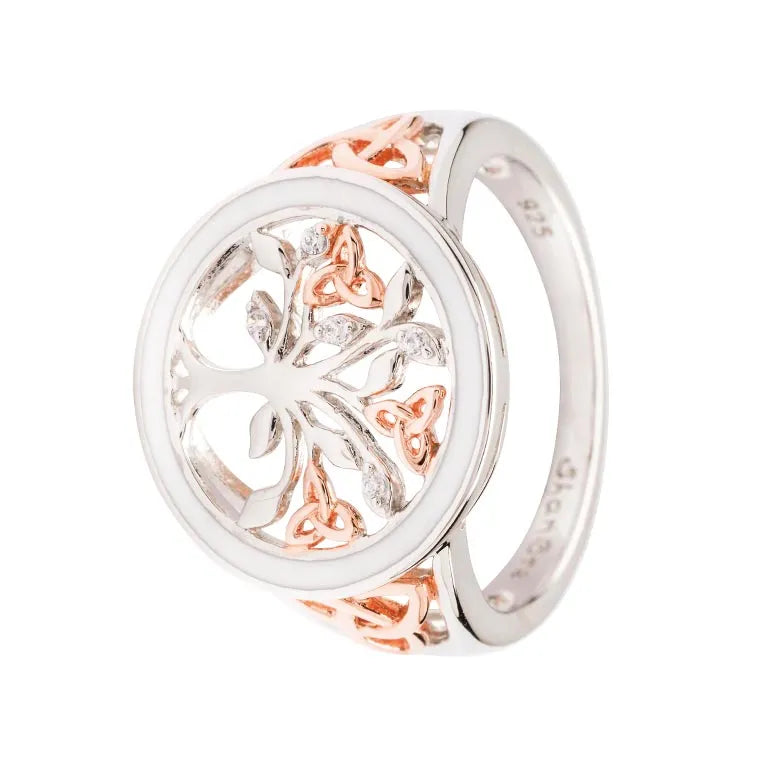 Sterling Silver Celtic Tree of Life Ring with Enamel, Cubic Zirconia and Rose Gold Detail