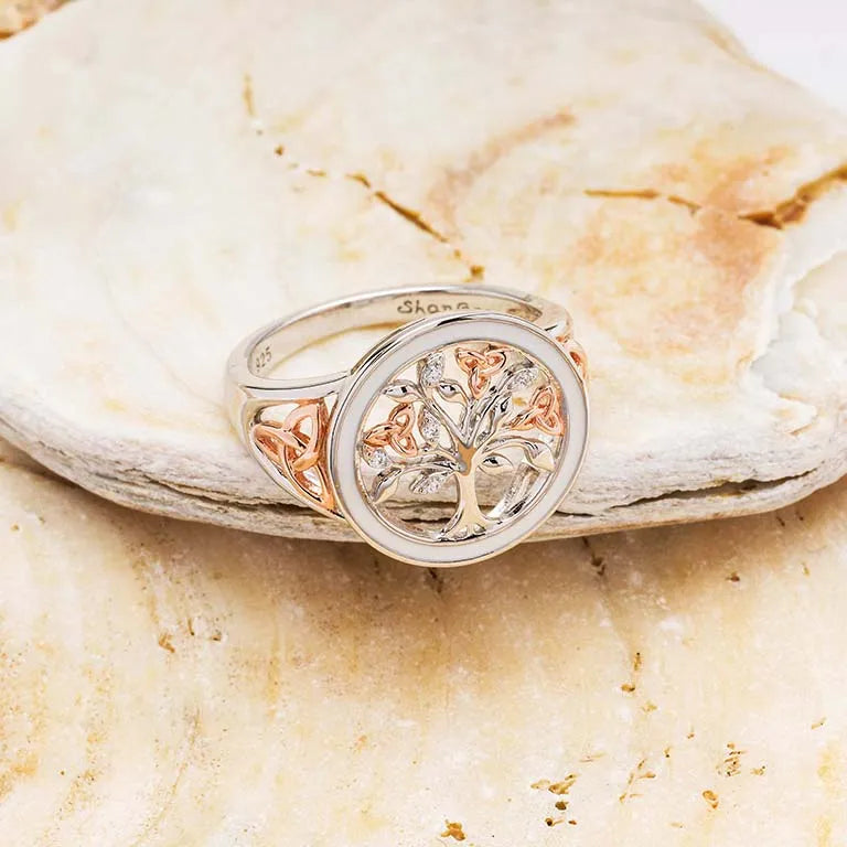 Sterling Silver Celtic Tree of Life Ring with Enamel, Cubic Zirconia and Rose Gold Detail