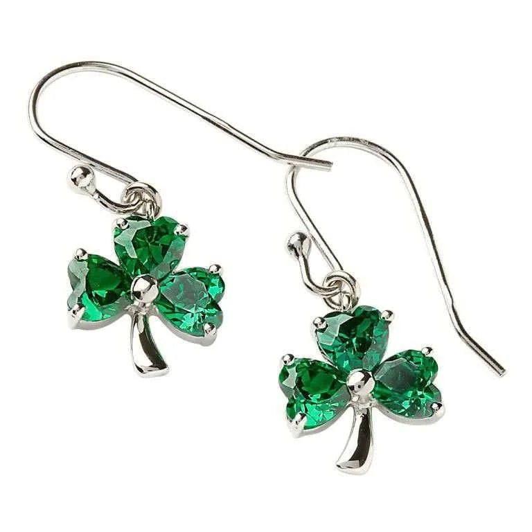 Stone Set Shamrock Silver Green Earrings